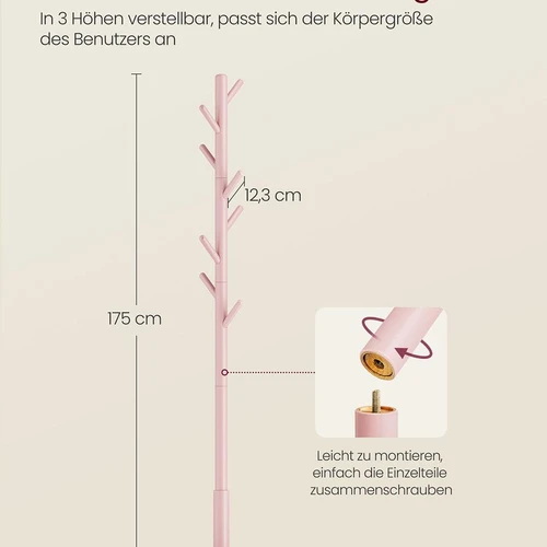 Pastatoma drabužių kabykla VASAGLE, 8 kabliukai, Rožinė, 30 × 175 × 30 cm - Rūbų kabyklos