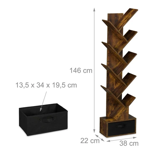 Pastatoma knygų lentyna Relaxdays, 9 lentynos, 1 stalčius, 38 × 146 × 22 cm - Lentynos