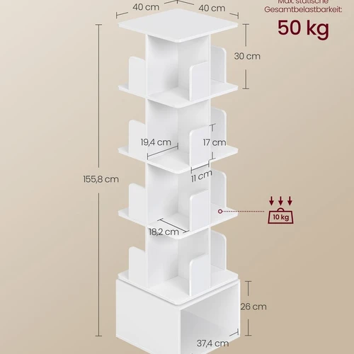 Pastatoma knygų lentyna VASAGLE Custos, 4 pakopos, Balta, 40 × 40 × 155,8 cm - Lentynos
