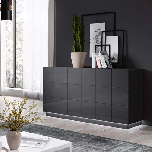 TV spinta su blizgiu MDF ir juodomis kojomis