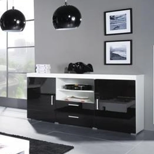 Moderni komoda su plastikinėmis rankenomis ir blizgiu MDF priekiu