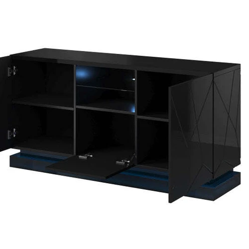 Šiuolaikiška blizgi MDF komoda su frezuotais fasadais