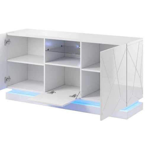 Moderni komoda su išsikišančiomis rankenomis ir cokoliu