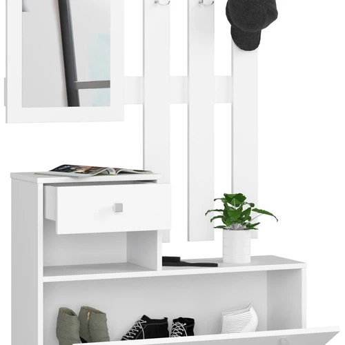 Baltas prieškambario komplektas su veidrodžiu