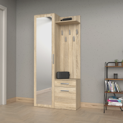 Ąžuolo spalvos prieškambario komplektas su veidrodžiu ir PVC apdaila