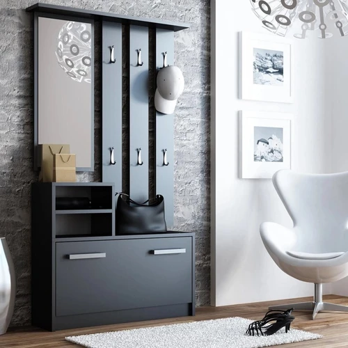 Modernus juodas prieškambario komplektas su 6 kabliukais