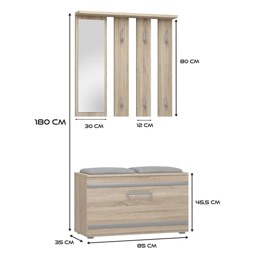 Stilingas ąžuolo spalvos komplektas: veidrodis, kabykla, batų spintelė