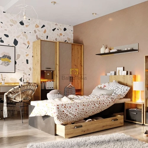 Lova su grotelėmis ir dėže, ąžuolo/šilko/plieno derinys