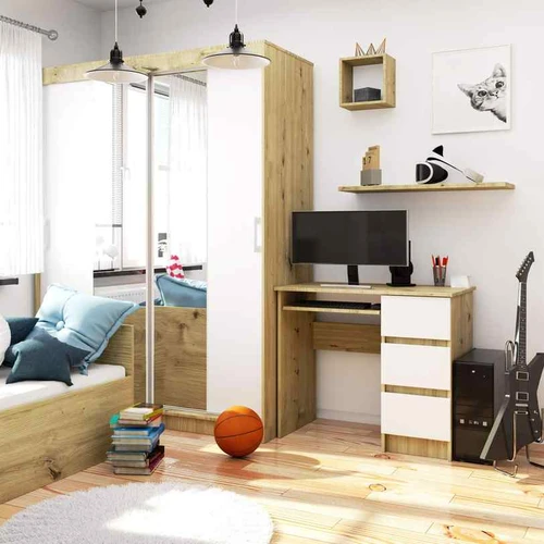 Rašomasis stalas A-6 CLP, dešininis, 3 stalčių, ąžuolo/baltos spalvos, 90 × 77 × 50 cm - Darbo stalai