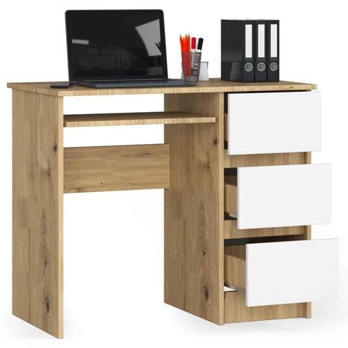 Rašomasis stalas A-6 CLP, dešininis, 3 stalčių, ąžuolo/baltos spalvos, 90 × 77 × 50 cm - Darbo stalai