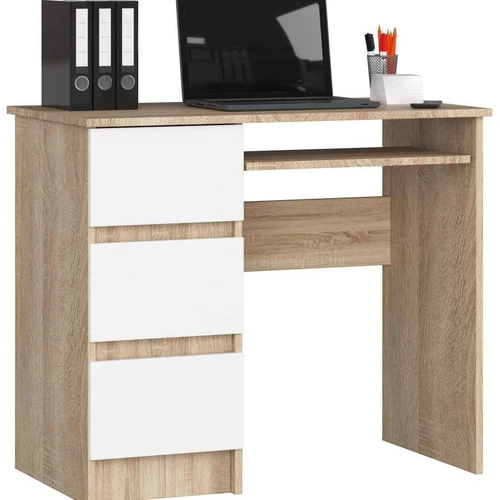 Rašomasis stalas A-6 CLP, kairinis, 3 stalčiai, ąžuolo/baltos spalvos, 90 × 77 × 50 cm