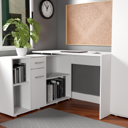 Patogus kampinis stalas su durelėmis ir lentynomis