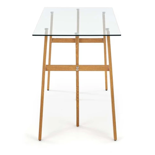 Minimalistinis stiklo stalas su plieninėmis kojomis