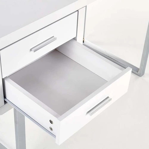 Baltas stalviršis su blizgiu MDF paviršiumi ir chromuotais plieno kojelėmis