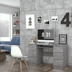 Pilkas rašomasis stalas su PVC apvadais ir ištraukiama klaviatūra