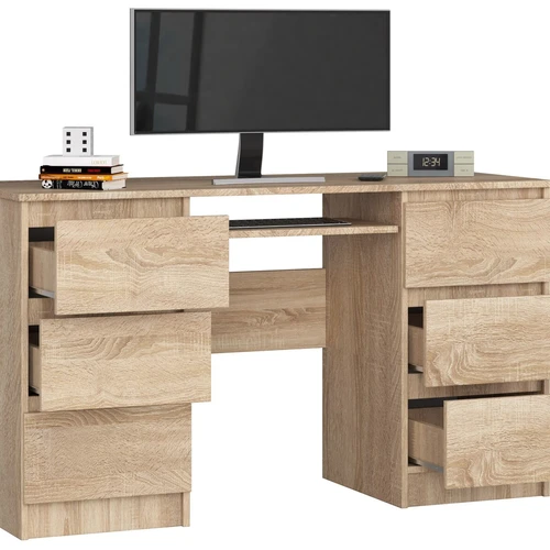 Ąžuolo spalvos rašomasis stalas su šešiais stalčiais ir klaviatūros lenta