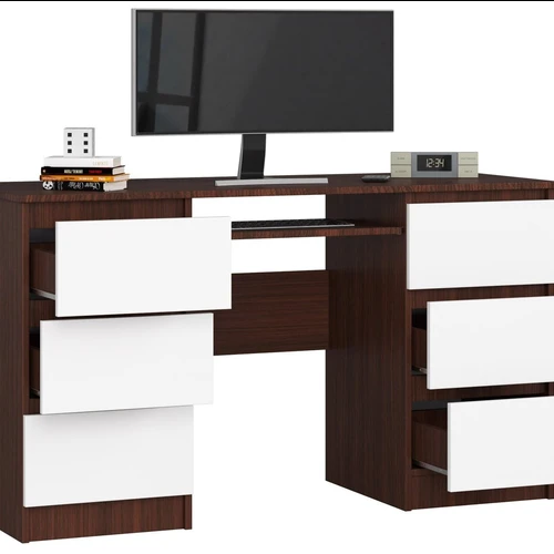 Erdvus kompiuterio stalas su 6 stalčiais ir tamsiai ruda mediena