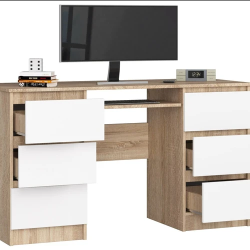 Platus rašomasis stalas su patogiais stalčiais ir klaviatūros lenta