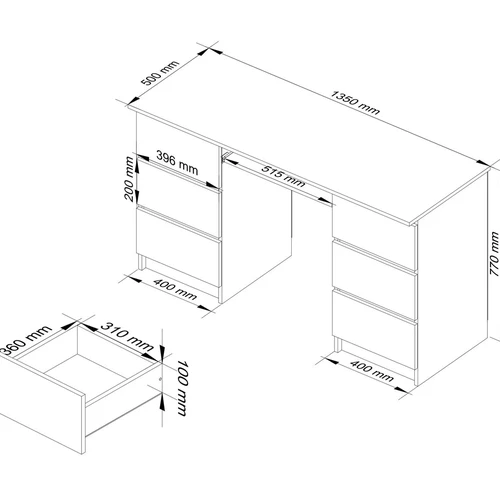 Tamsiai rudas rašomasis stalas su dvipuse konstrukcija ir 6 stalčiais