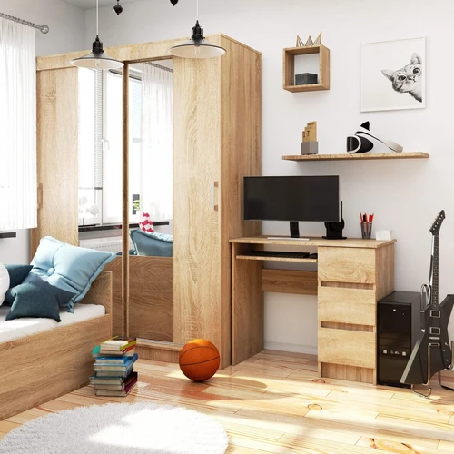 Ąžuolo spalvos rašomasis stalas su klaviatūros lenta ir trimis stalčiais