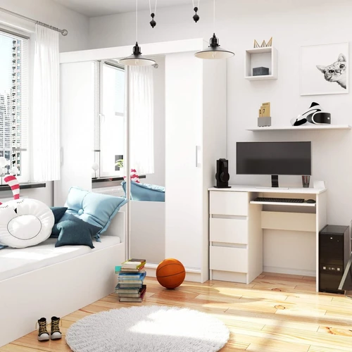 Kompaktiškas stalas su metaliniais kreiptuvais ir lentynėle