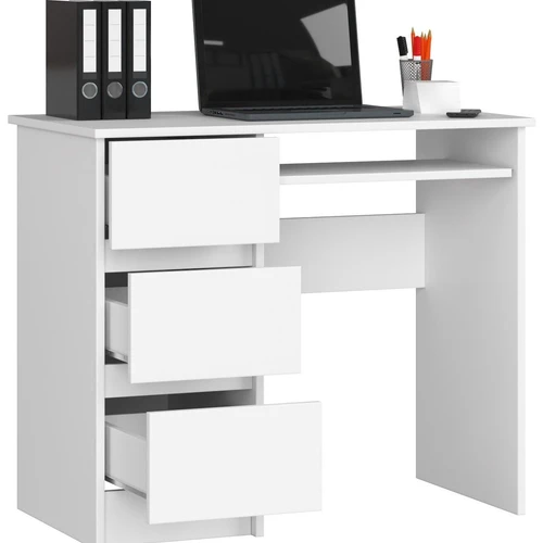 Minimalistinis baltas rašomasis stalas su trimis stalčiais