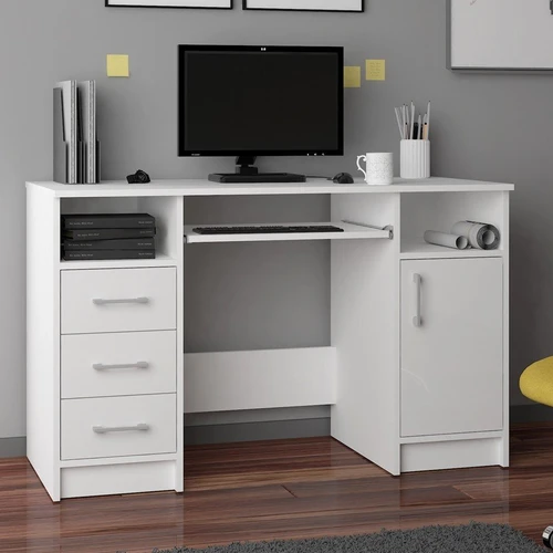 Modernus rašomasi stalas su dideliu blizgesiu ir erdviu dizainu