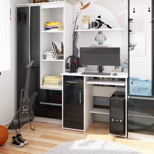 Kompaktiškas rašomasis stalas su diferencijuota saugojimo vieta ir blizgančia apdaila