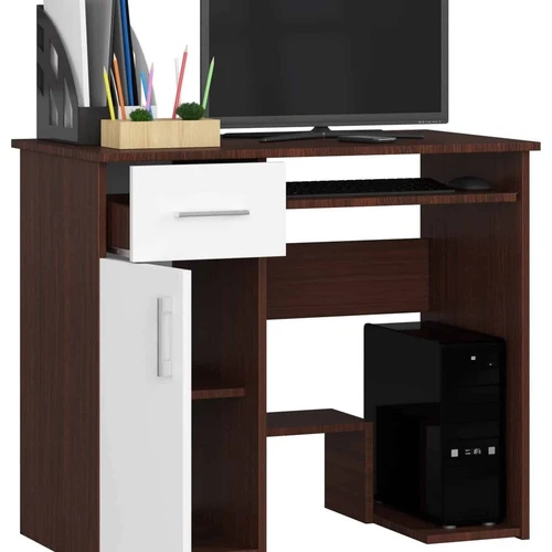 Tamsiai rudas stalas su baltų atspalvių stalčiais