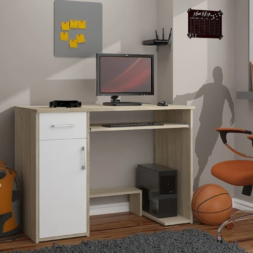 Ąžuolo ir baltos spalvos kompiuterio stalas su metaliniais ritinėliais