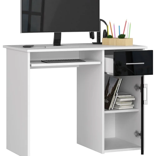 Baltas rašomasis stalas su stalčiais ir klaviatūros lenta