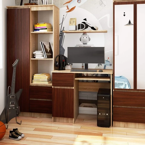 Savarankiškai surinkamas rašomasis stalas su atsparia plokšte ir lentyna