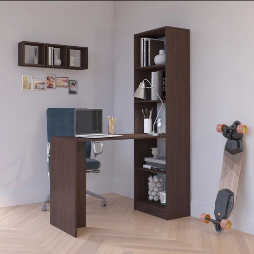 Elegantiškas tamsiai rudas stalas su moduline konstrukcija