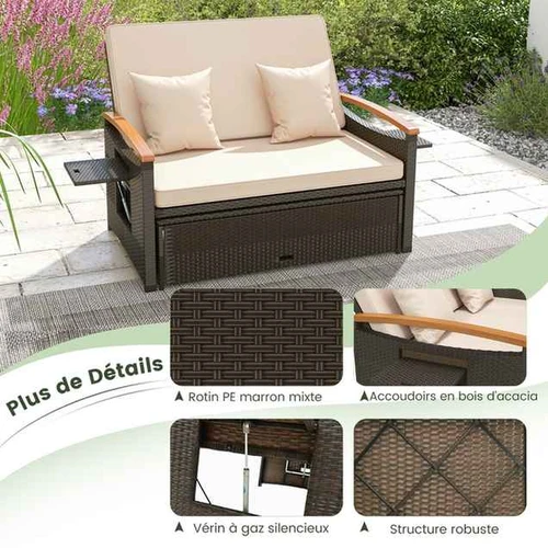 Reguliuojama dvigulė sofa su pufu ir daiktadėže, ruda - Lauko baldų komplektai