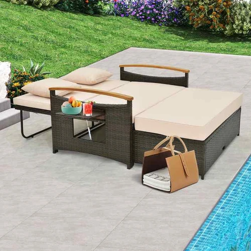 Reguliuojama dvigulė sofa su pufu ir daiktadėže, ruda