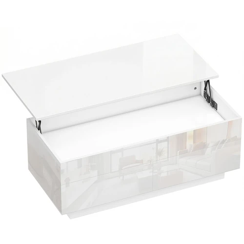 Reguliuojamo aukščio kavos staliukas 102x48x54,5 cm, blizgi balta, su 2 stalčiais