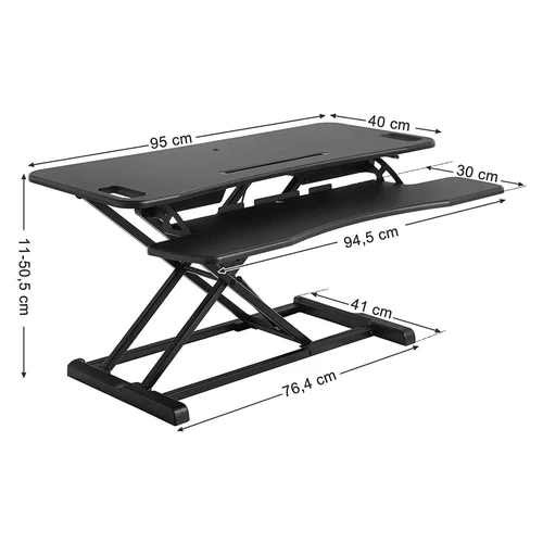 Juodas stalas su klaviatūros dėklu ir metaliniu rėmu