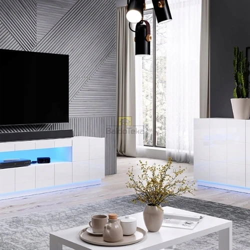 Baltas blizgus stalas su juodomis kojelėmis