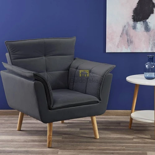 Pilkas gobeleno fotelis su kaučiuko medžio detalėmis