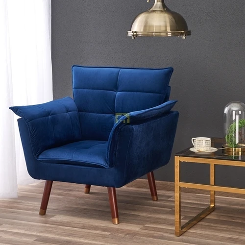 Tamsiai mėlyna gobeleno kėdė su tamsaus riešuto kojomis