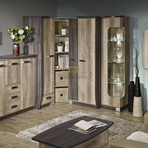 Plati spintelė su natūralia ąžuolo apdaila ir funkcionaliu apšvietimu