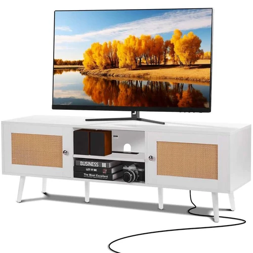 Rotango televizoriaus staliukas 65 TV, baltas, su USB lizdu