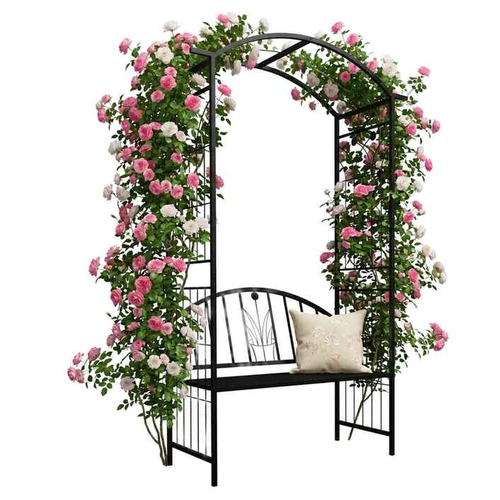 Rožių grotelės su suoliuku Relaxdays, su įmontuotu suoliuku, Juoda, 134 × 210 × 48 cm