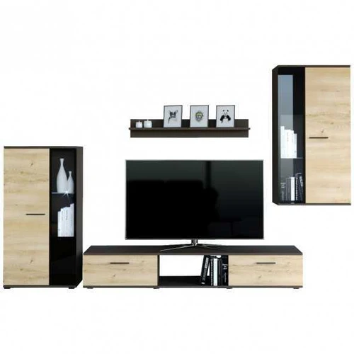 Moderni sieninė spinta su lentynomis ir stikliniu bloku