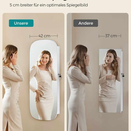 Balta sieninė papuošalų spintelė su veidrodžiu