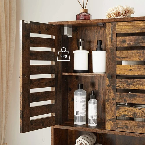 Stilinga sieninė spintelė su vintažine ruda spalva ir saugumo instrukcijomis