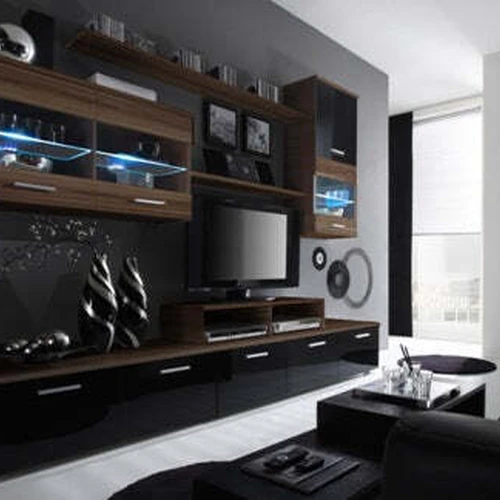 Tvarkingas sieninis blokas su blizgiu MDF ir grūdintu stiklu