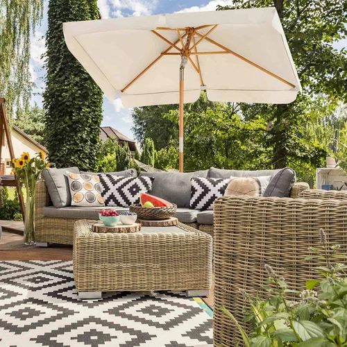 Stačiakampis skėtis su mediniu stulpu ir sulankstymo funkcija