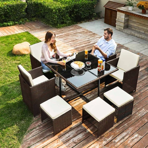 Kokybiškas sodo baldų rinkinys su pagalvėlėmis ir priedais