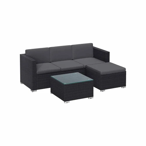 Sodo baldų komplektas su pagalvėlėmis ir stikliniu stalu, juodos - pilkos spalvos